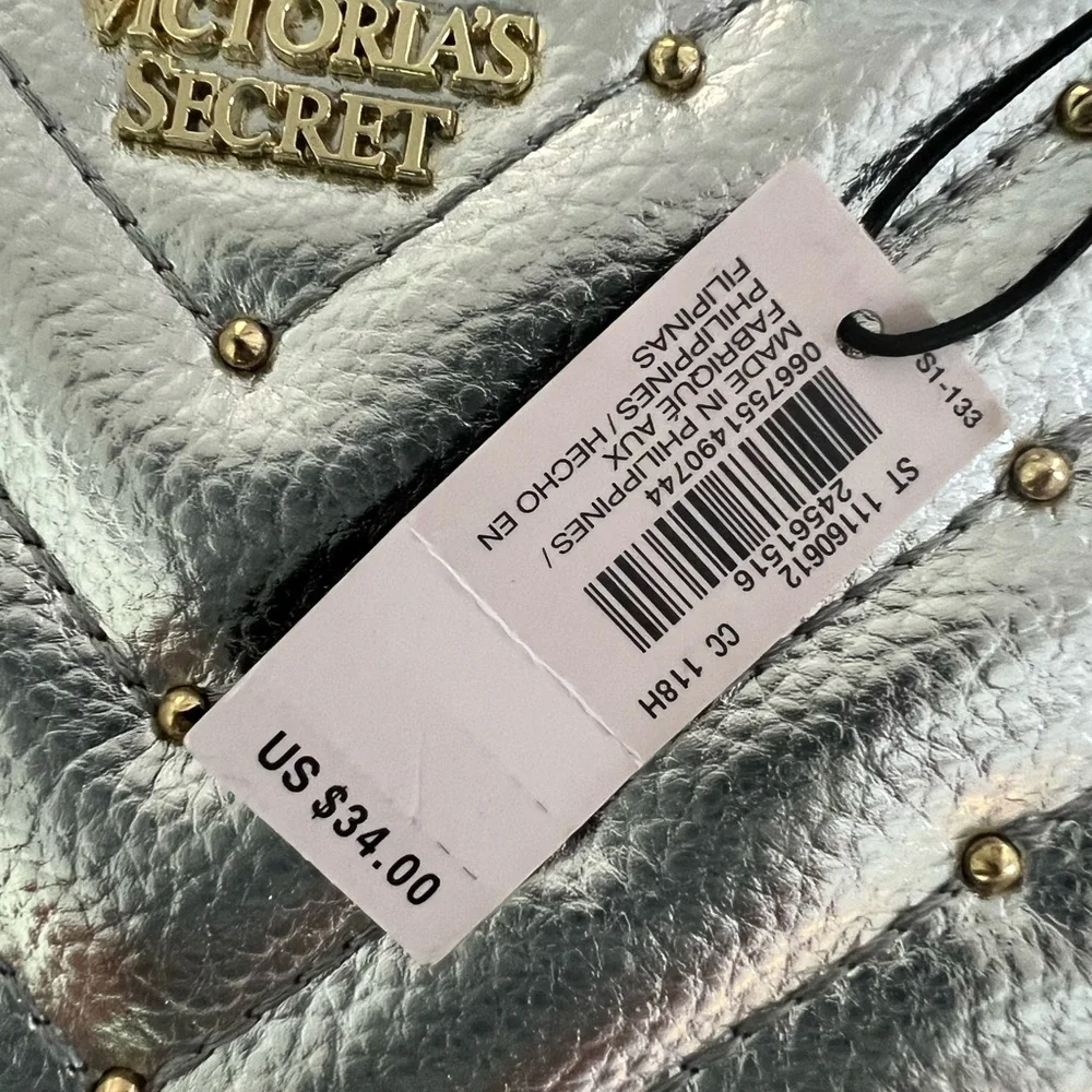 Victoria's Secret quilted metallic silver, studded wristlet wallet …